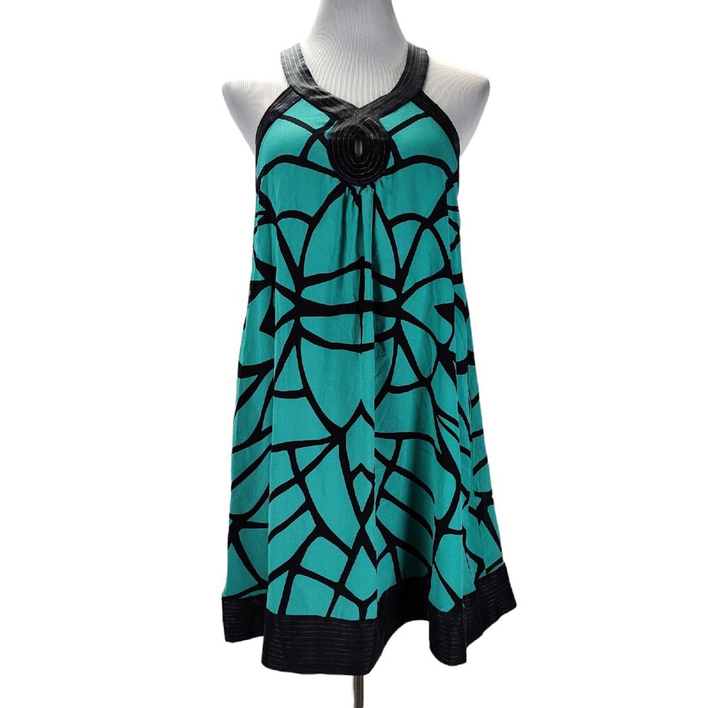 Vintage 90s Nicole Miller Turquoise Silk Mini Dress Size M Rent Swing Abstract